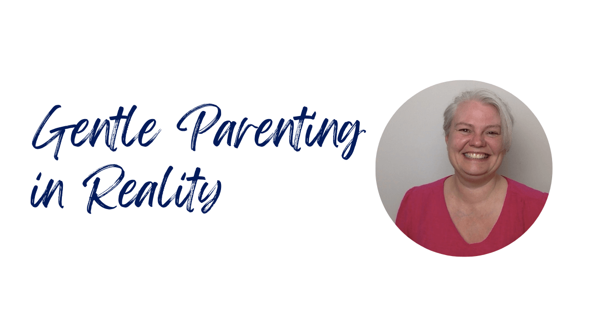 Navy script text "Gentle Parenting in Reality" and a photo of Jodie Thornton in a dark pink top, grey fringe, with a smile.
